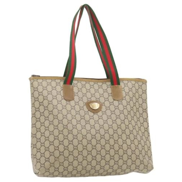Authentic GUCCI Plus Supreme Gg Coated Canvas Web Sherry Red / Green Line Tote